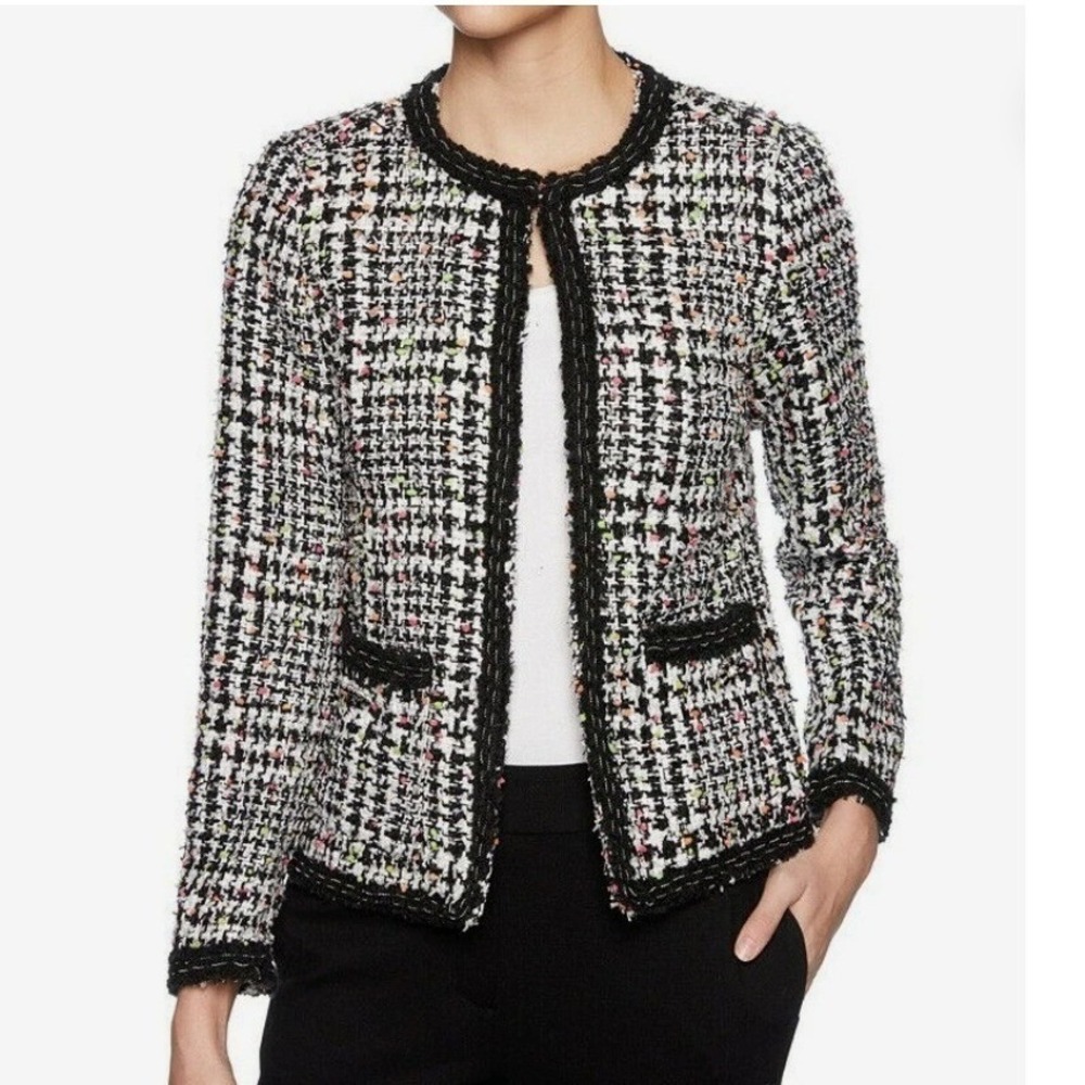 NWOTs Tweed Houndstooth Wool Blazer Jacket Fringe Size 2 Quiet Luxury Old Money